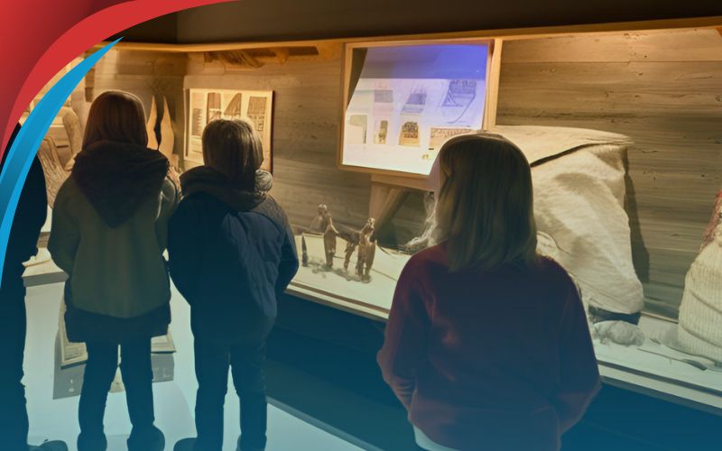 students looking at Jorvik center exhibitions, school trip destination, June 2024, UK
                